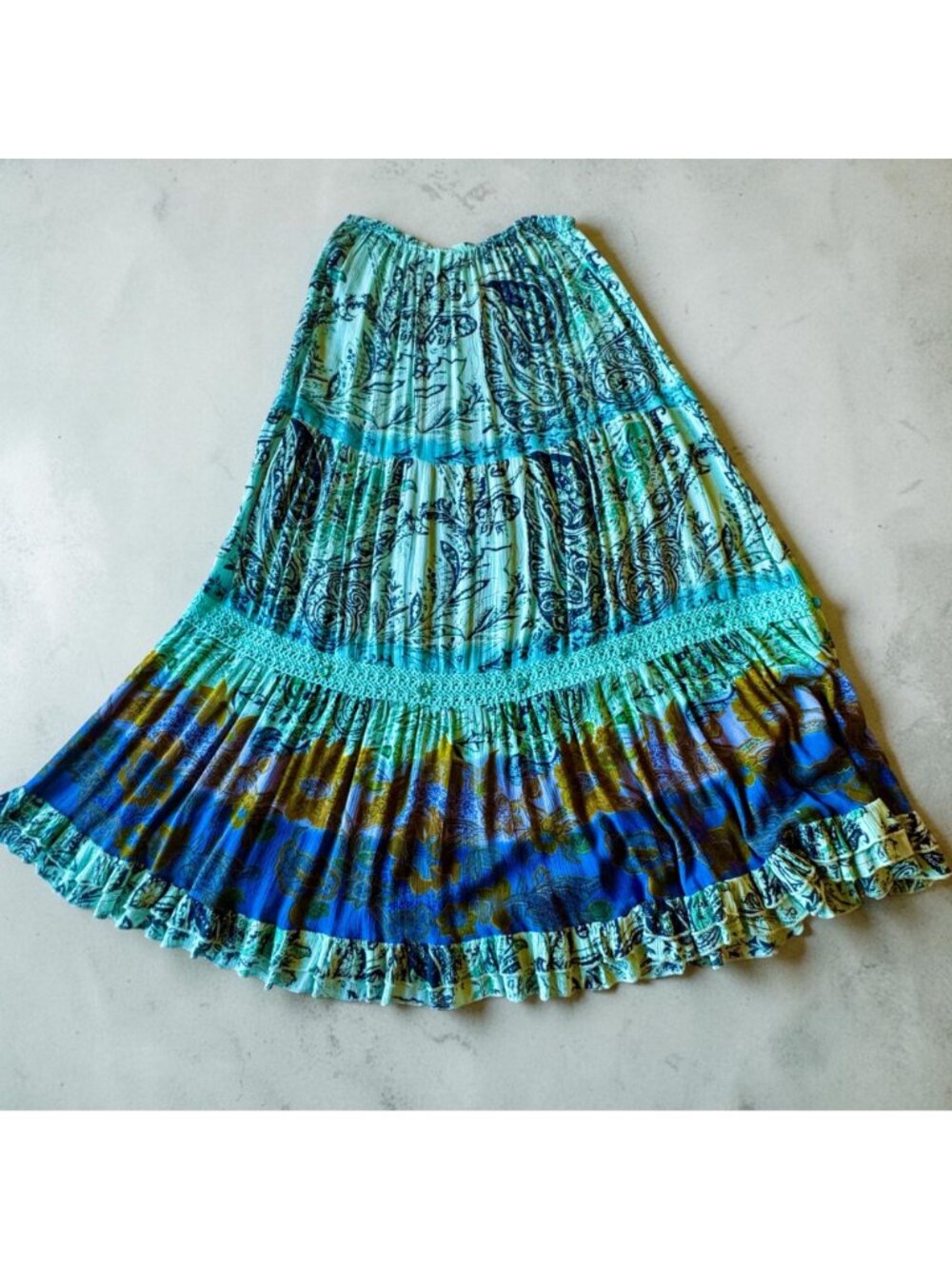Boho Maxi Skirt Teal & Blue Size M Paisley & Floral Tiered Design Jeweled Accent - Picture 2 of 10